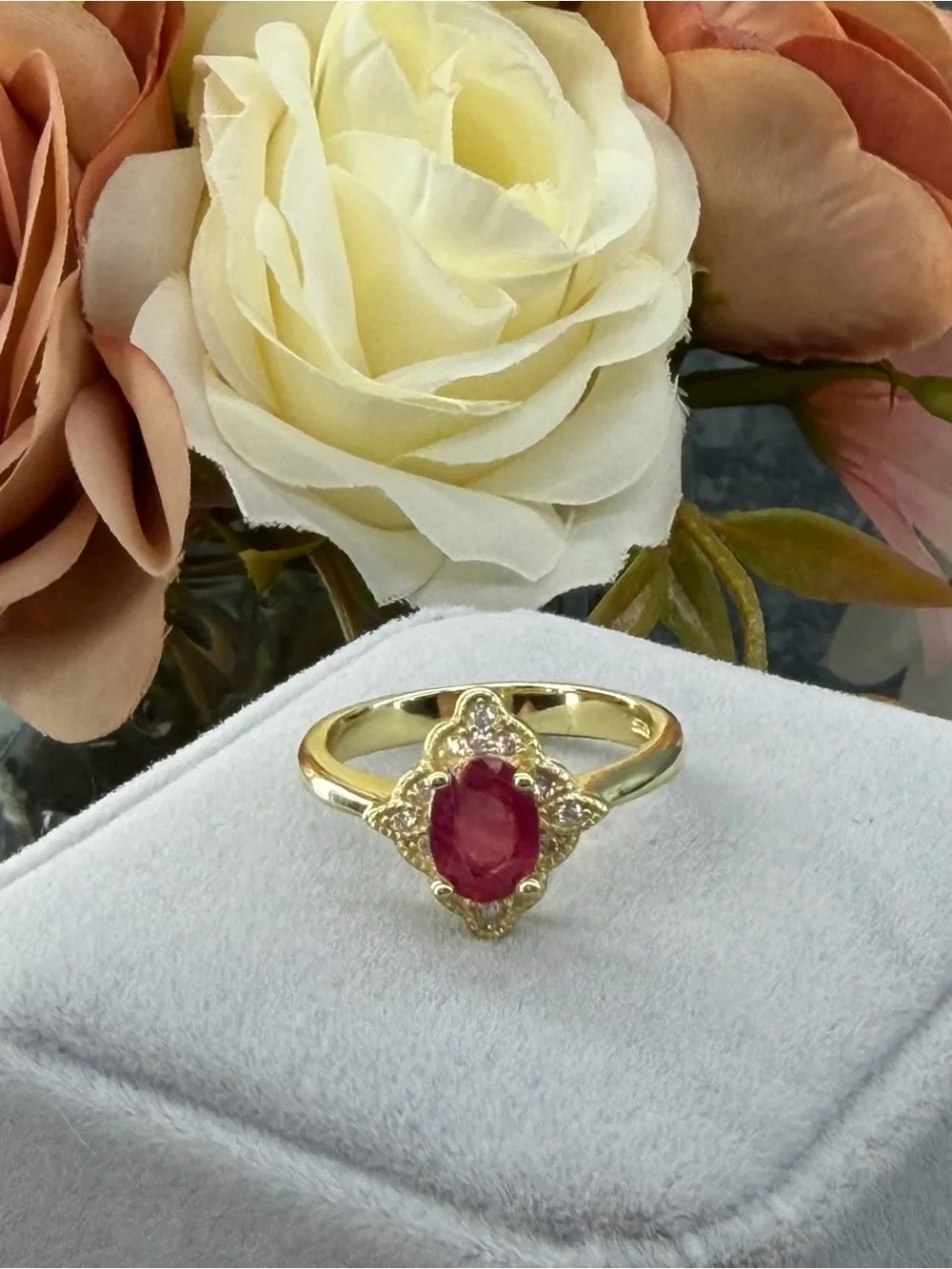 Stunning Natural 7x5mm Oval Ruby Zircon  accent in 14K Yellow GP Ring Size 6